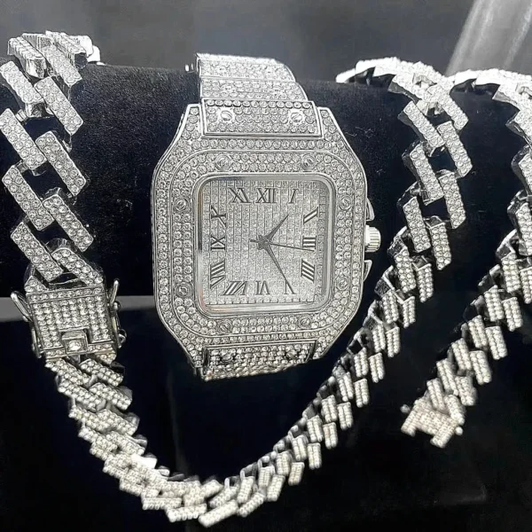 3PC/Set Crystal Watch for Men Necklace Bracelet Jewelry Set Men Bling Gold Silver Diamond Iced Out Cuban Chain Clock Relogio and Box