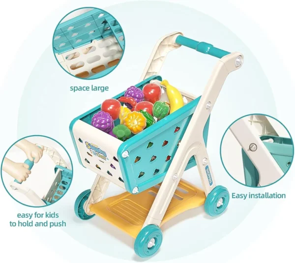 Kids Shopping Cart Trolley Play Set with Pretend Food and Accessories,Toy Shopping Cart Trolley for Kids Baby with Play Foods, Grocery Shopping Cart Playing Pretend Games